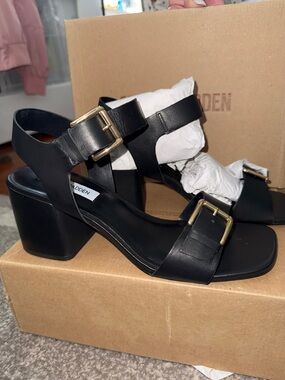 Steve Madden Black Leather Block Heel Sandals with Gold Buckles